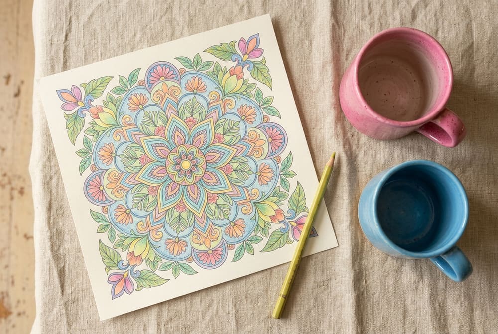 A finished coloring page beside two cups