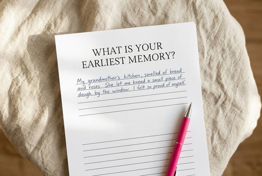 A memoir prompt page: What is your earliest memory?