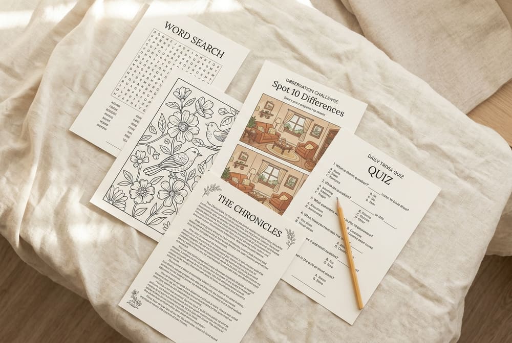Printed activity pages laid out on a table