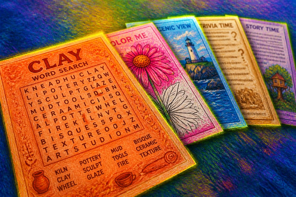 The five starter activities fanned out: a word search, a coloring page, a scenic view, trivia and a story